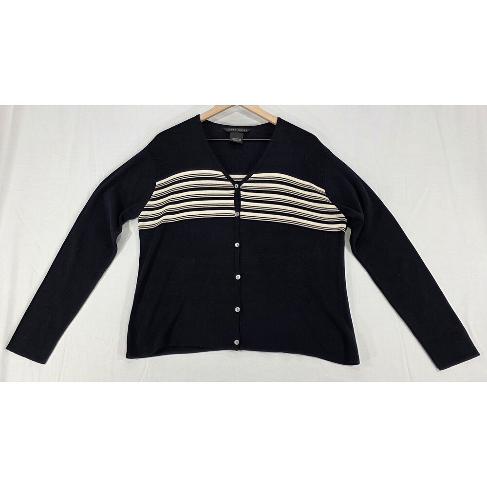 Laura Ashley 100% Silk Cardigan Sweater Black V-Neck Breton Stripes Quiet Luxury